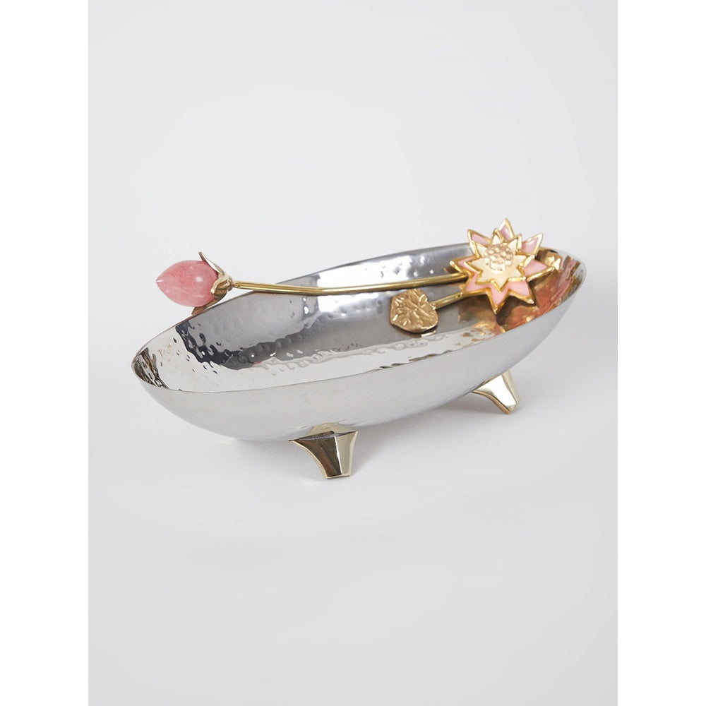Assemblage Rose Quartz Bud with Brass enamel Flower Stainless Steel Boat Bowl