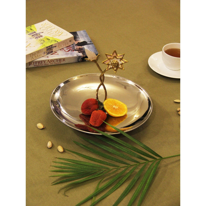 Assemblage Rose Quartz Bud with Brass enamel Flower Pole Platter