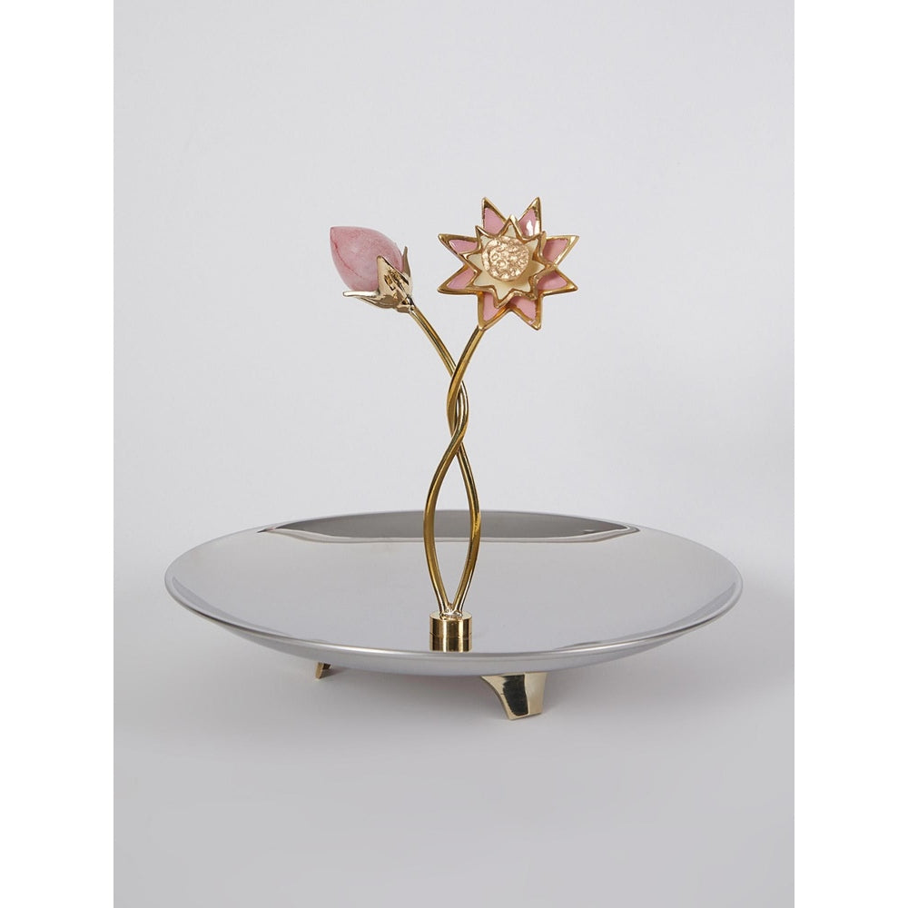 Assemblage Rose Quartz Bud with Brass enamel Flower Pole Platter