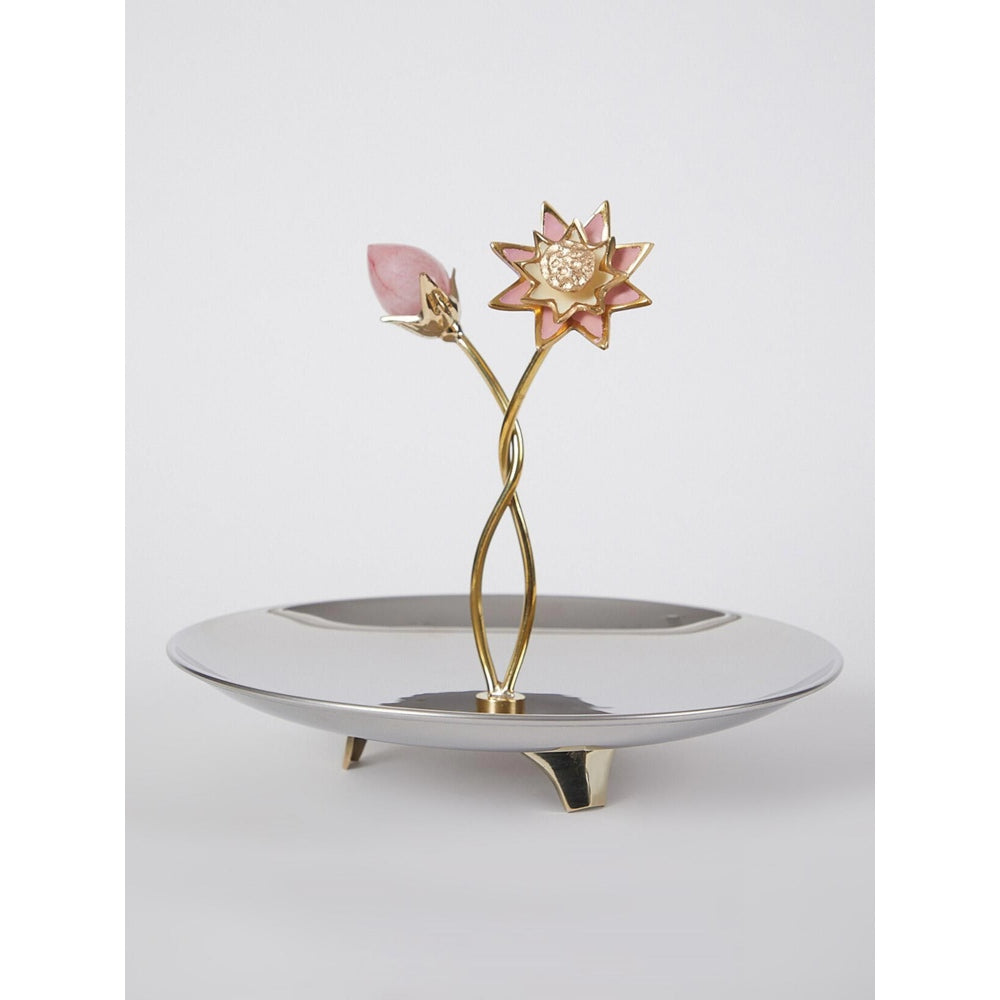 Assemblage Rose Quartz Bud with Brass enamel Flower Pole Platter