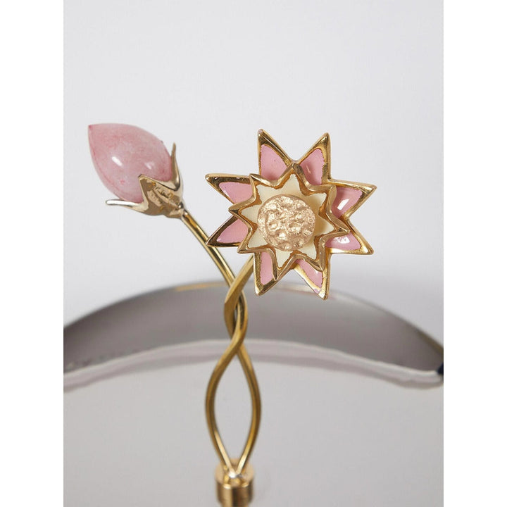 Assemblage Rose Quartz Bud with Brass enamel Flower Pole Platter