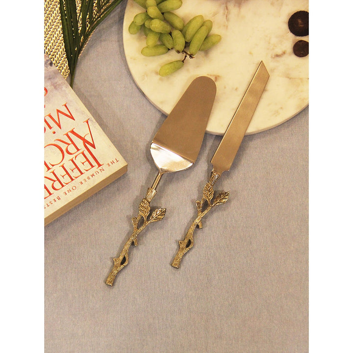 Assemblage Gold bass twig leaf cake knife & spatula set