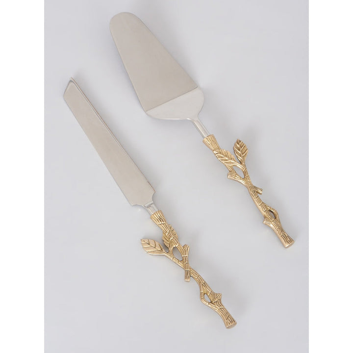 Assemblage Gold bass twig leaf cake knife & spatula set