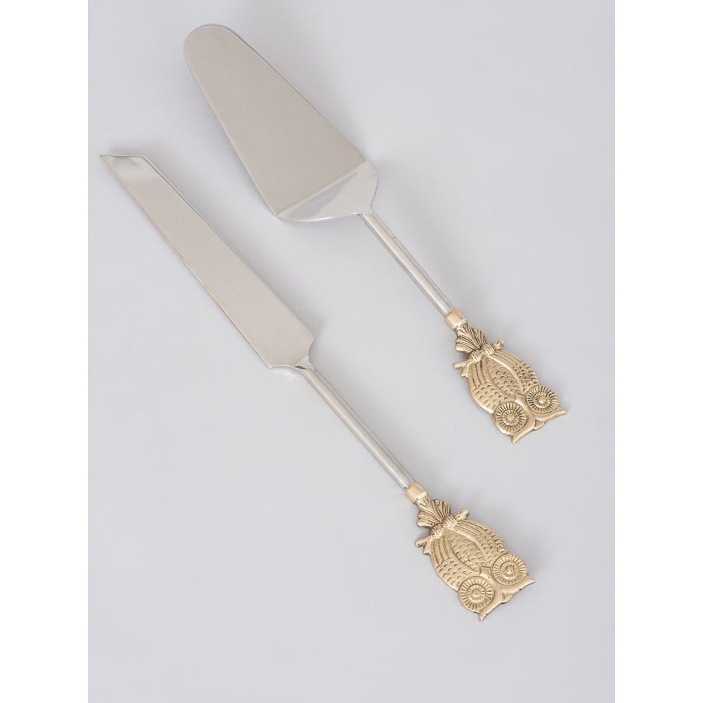 Assemblage Brass Tweety owl cake knife & spatula cutlery