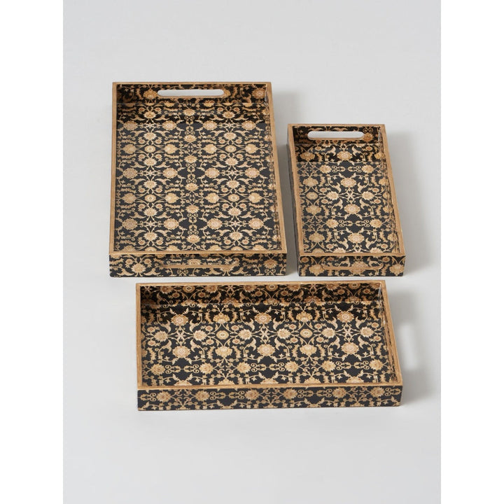 Assemblage Persian Black & Gold Tray Set Of 3