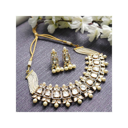Auraa Trends 22 Kt Gold Plated Necklace Set with Kundan Polki and Pearls