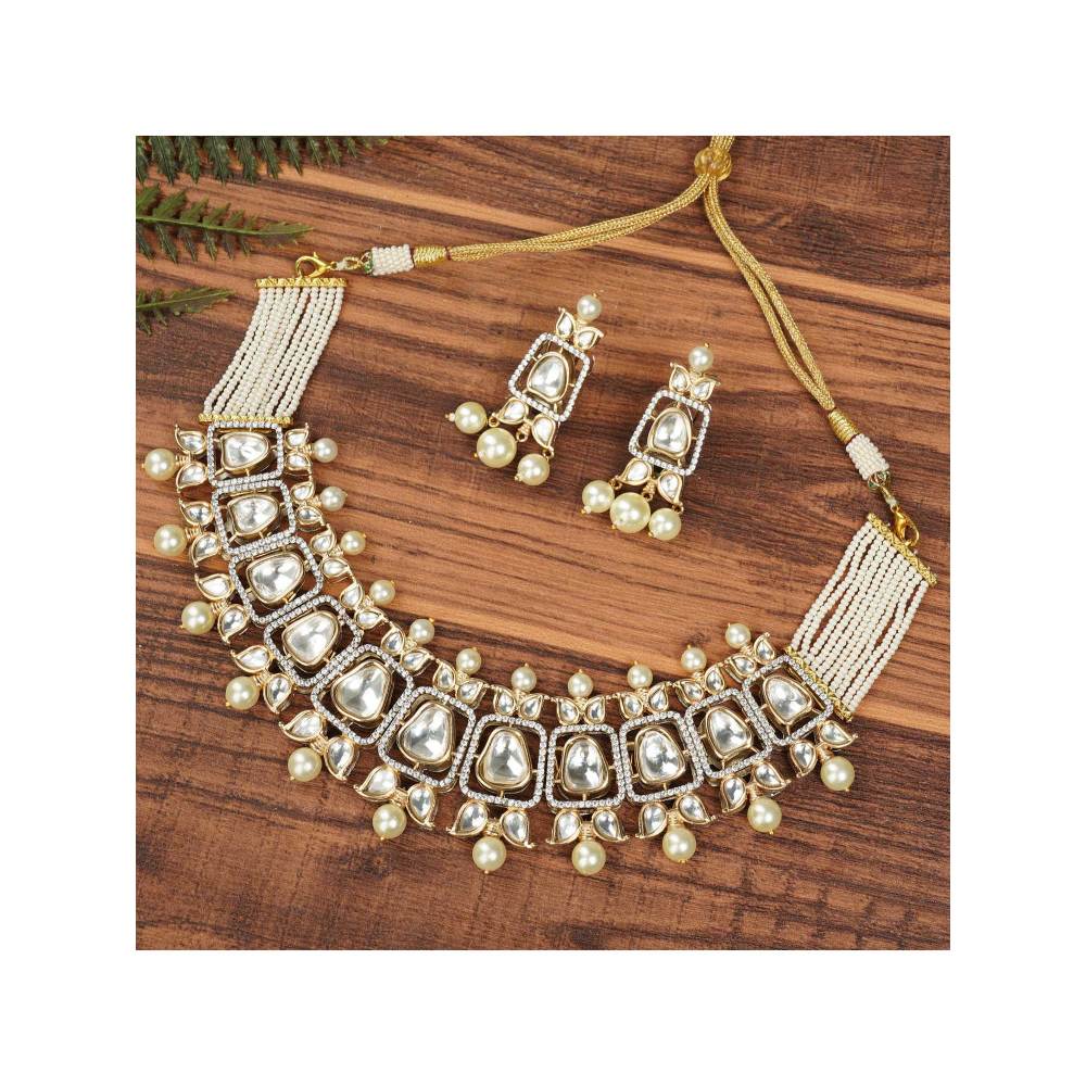 Auraa Trends 22 Kt Gold Plated Necklace Set with Kundan Polki and Pearls