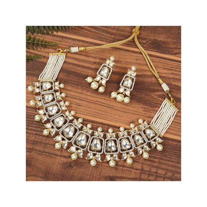 Auraa Trends 22 Kt Gold Plated Necklace Set with Kundan Polki and Pearls
