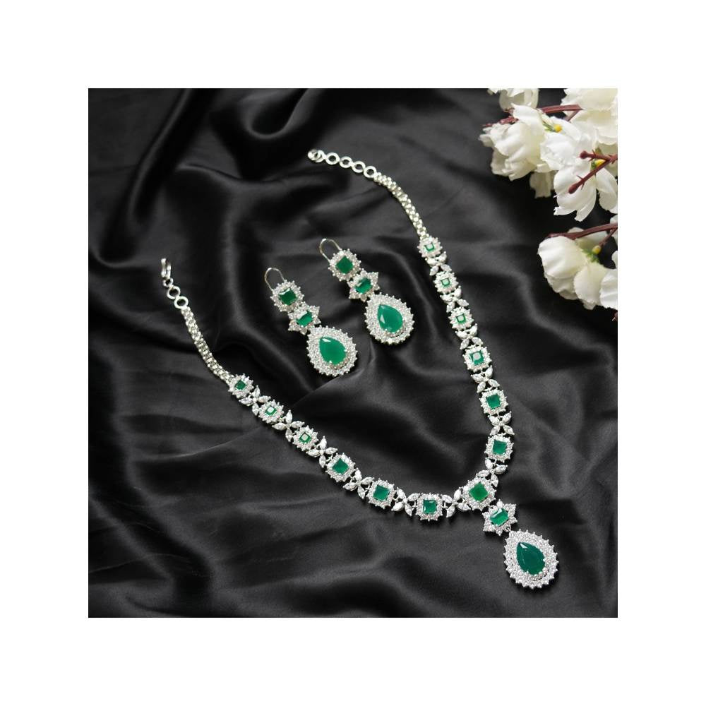 Auraa Trends Elegant Rhodium Plated Green Zircon Necklace Set