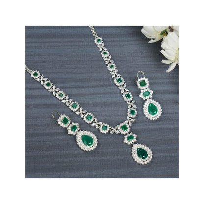 Auraa Trends Elegant Rhodium Plated Green Zircon Necklace Set