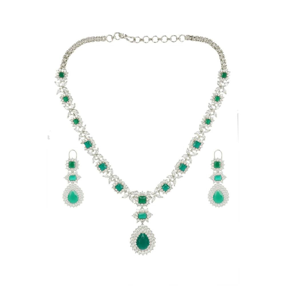 Auraa Trends Elegant Rhodium Plated Green Zircon Necklace Set
