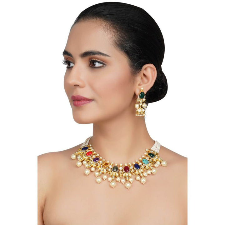 Auraa Trends Navratna Kundan Necklace Set with Pearl Drops