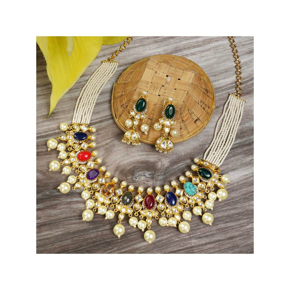 Auraa Trends Navratna Kundan Necklace Set with Pearl Drops