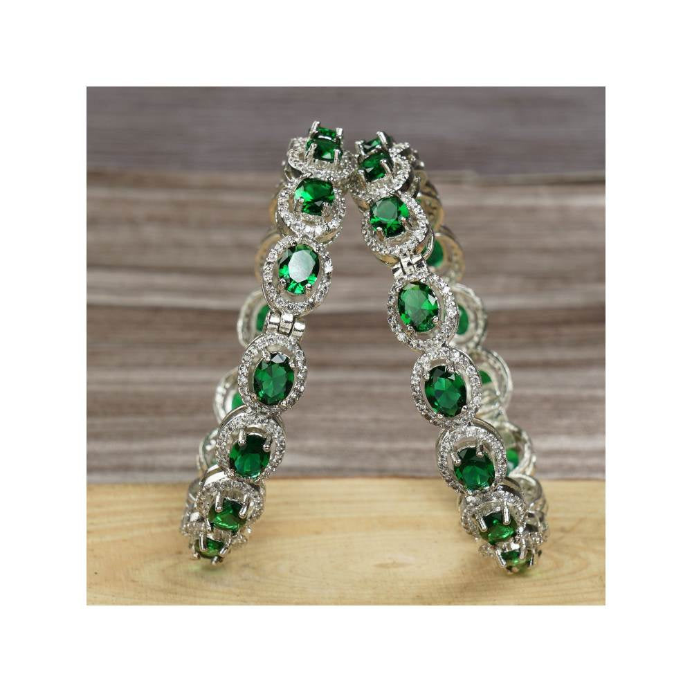 Auraa Trends Zircon and Green onyx Bracelet Bangle Set in White Rhodium Finish