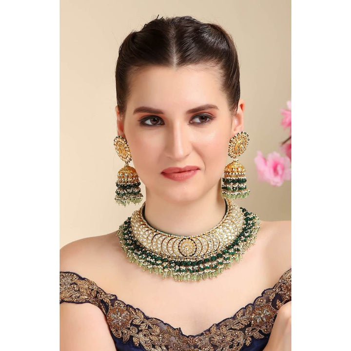 Auraa Trends Kundan Green Bridal Antique Gold Plated Necklace Set
