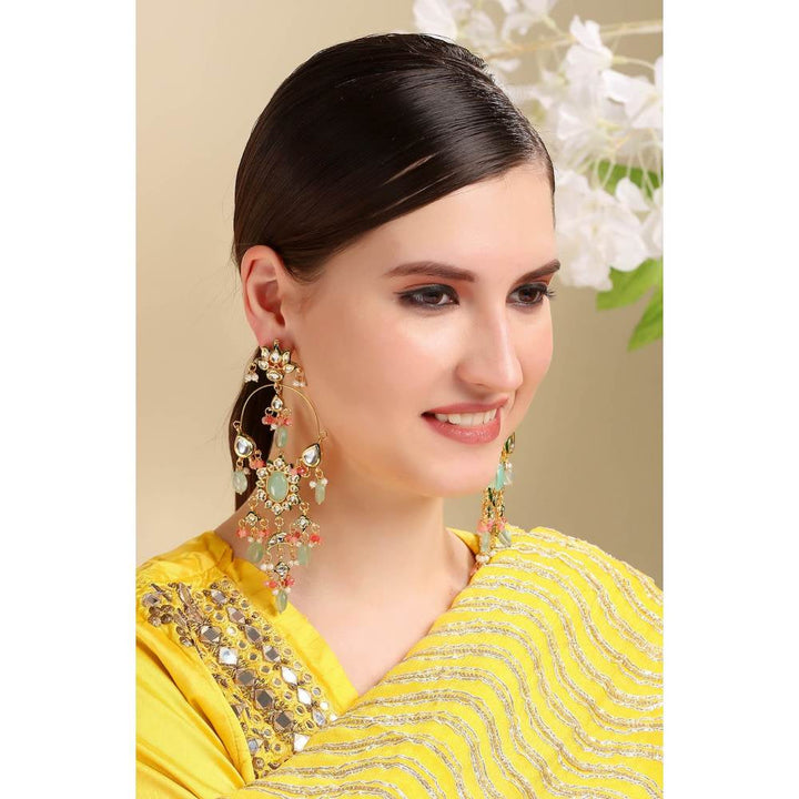 Auraa Trends Kundan Long Mint Green and Coral Chandbali Earring