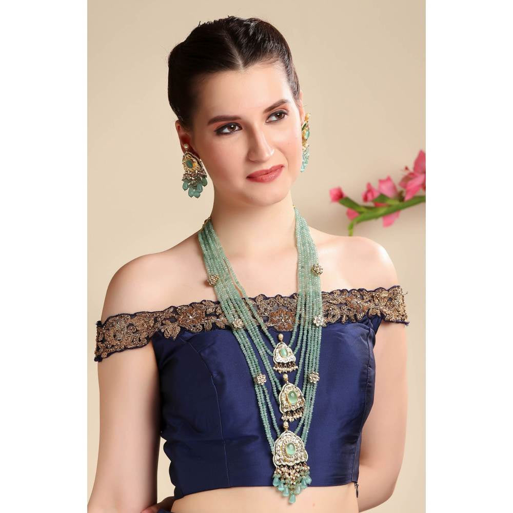 Auraa Trends Evergreen Mint Green Ranihaar and Green Pearls Long Necklace Set