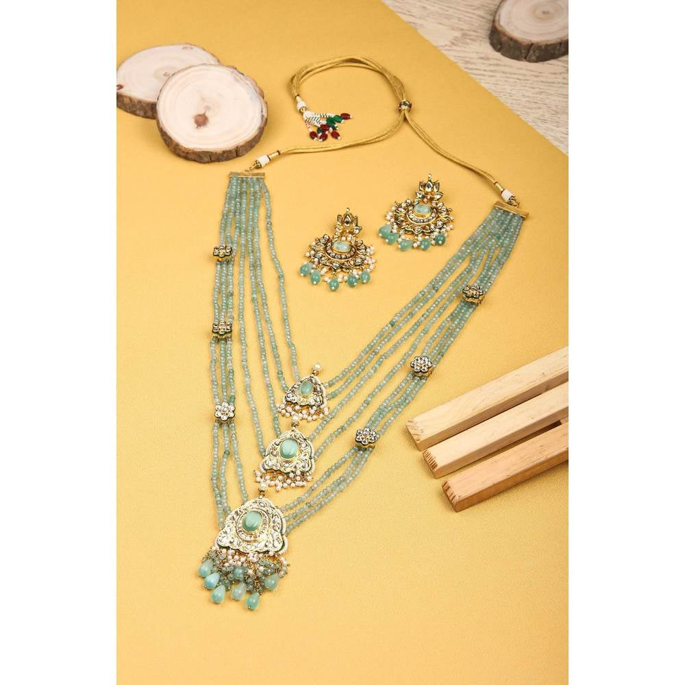 Auraa Trends Evergreen Mint Green Ranihaar and Green Pearls Long Necklace Set