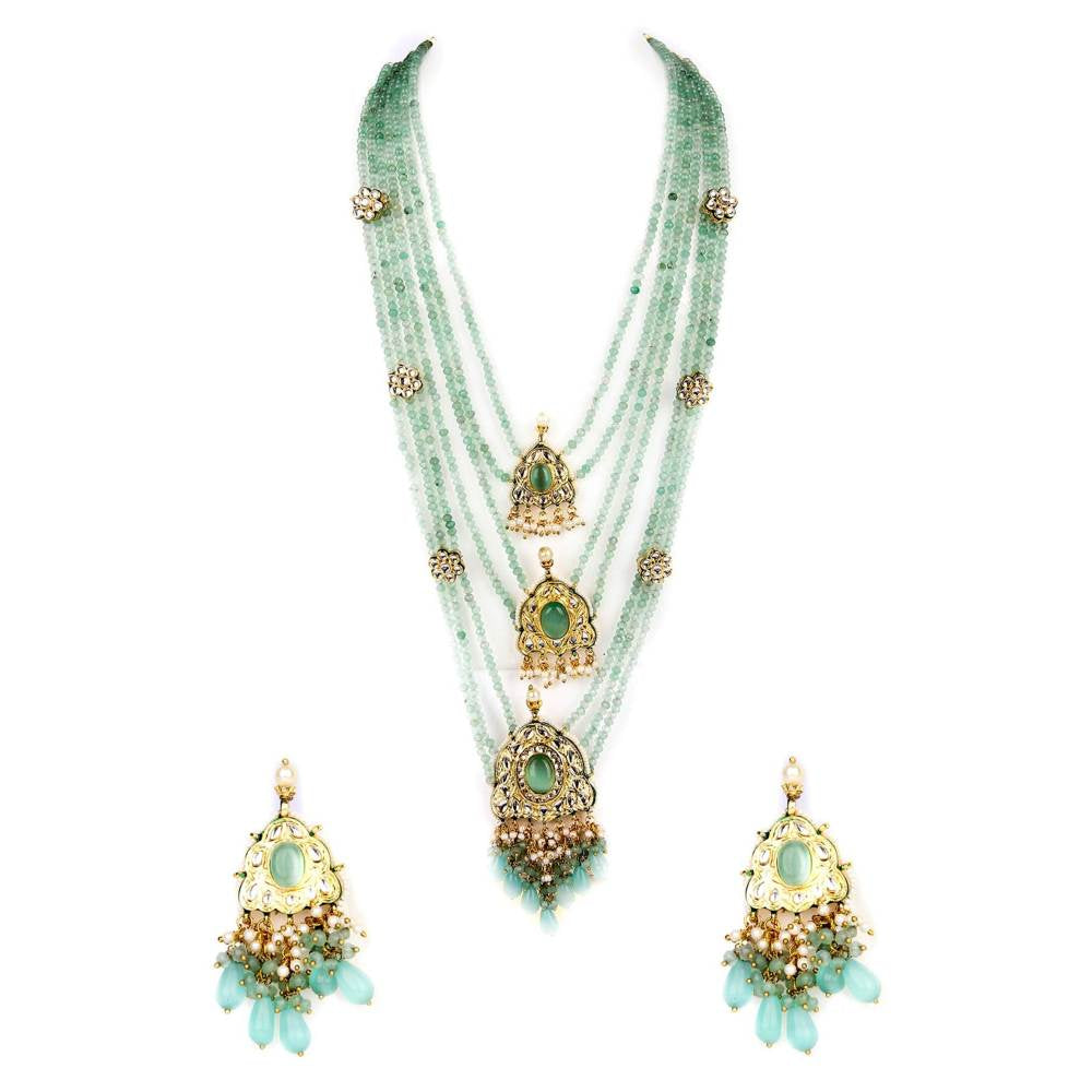 Auraa Trends Evergreen Mint Green Ranihaar and Green Pearls Long Necklace Set