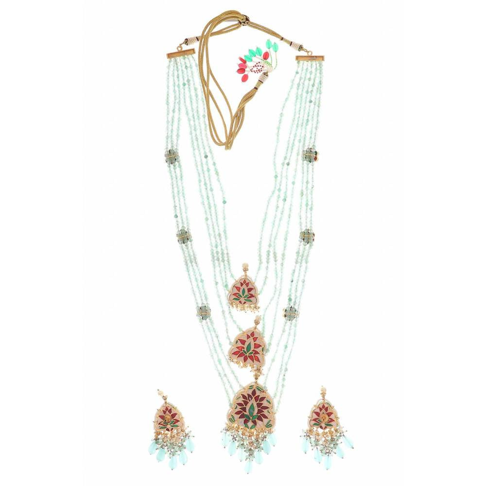 Auraa Trends Evergreen Mint Green Ranihaar and Green Pearls Long Necklace Set