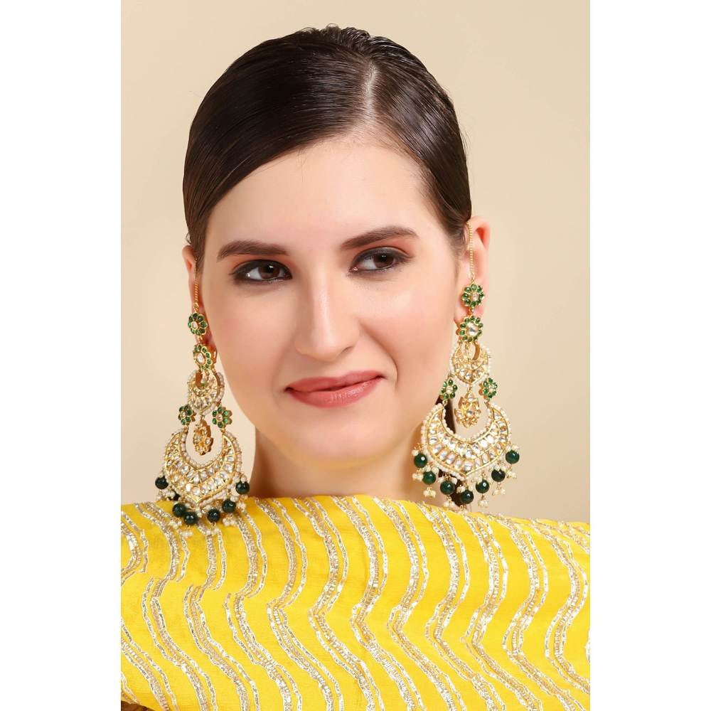 Auraa Trends Kundan Green Festive Long Chandbali Earring with Kanchain