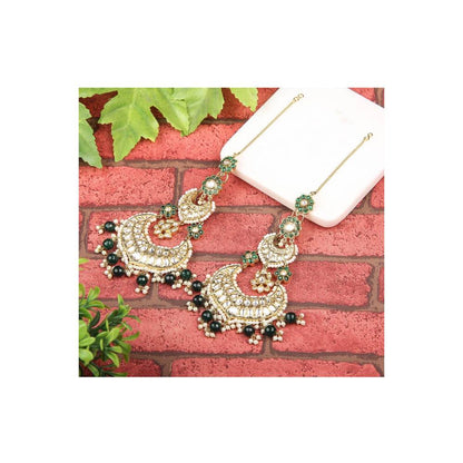 Auraa Trends Kundan Green Festive Long Chandbali Earring with Kanchain