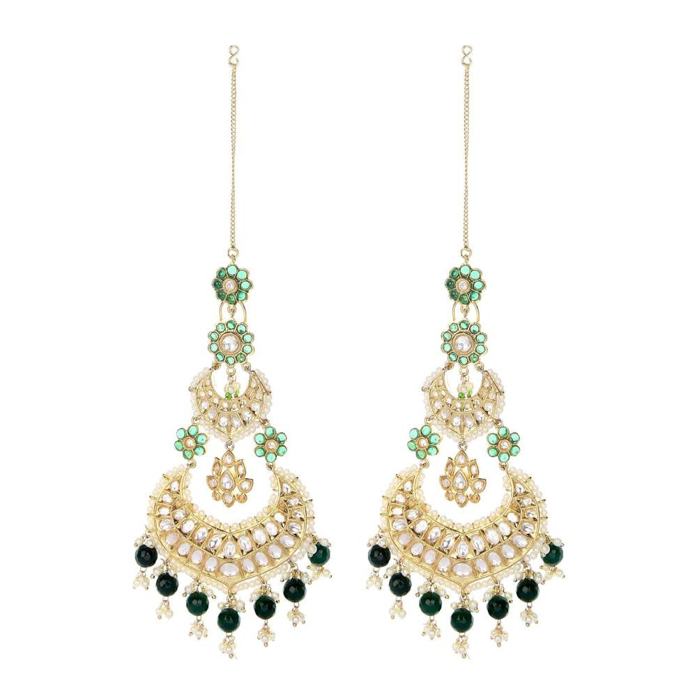 Auraa Trends Kundan Green Festive Long Chandbali Earring with Kanchain