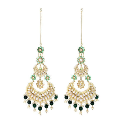 Auraa Trends Kundan Green Festive Long Chandbali Earring with Kanchain
