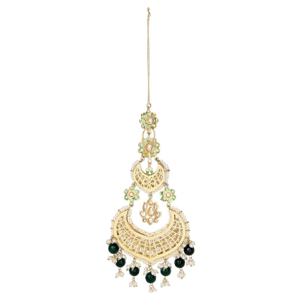 Auraa Trends Kundan Green Festive Long Chandbali Earring with Kanchain
