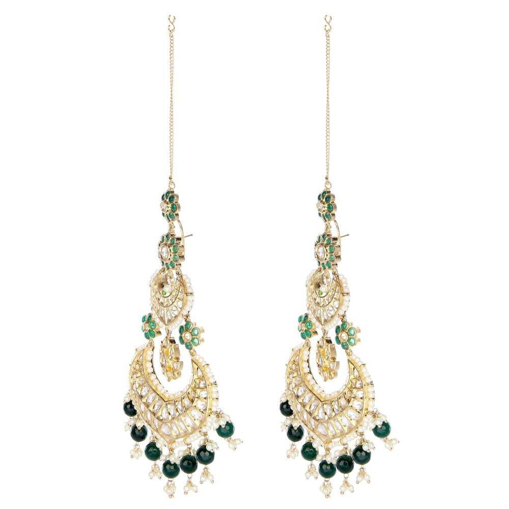 Auraa Trends Kundan Green Festive Long Chandbali Earring with Kanchain
