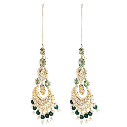 Auraa Trends Kundan Green Festive Long Chandbali Earring with Kanchain