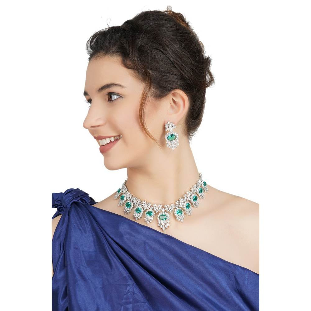 Auraa Trends Sea Green Rhodium Finish Statement Necklace with