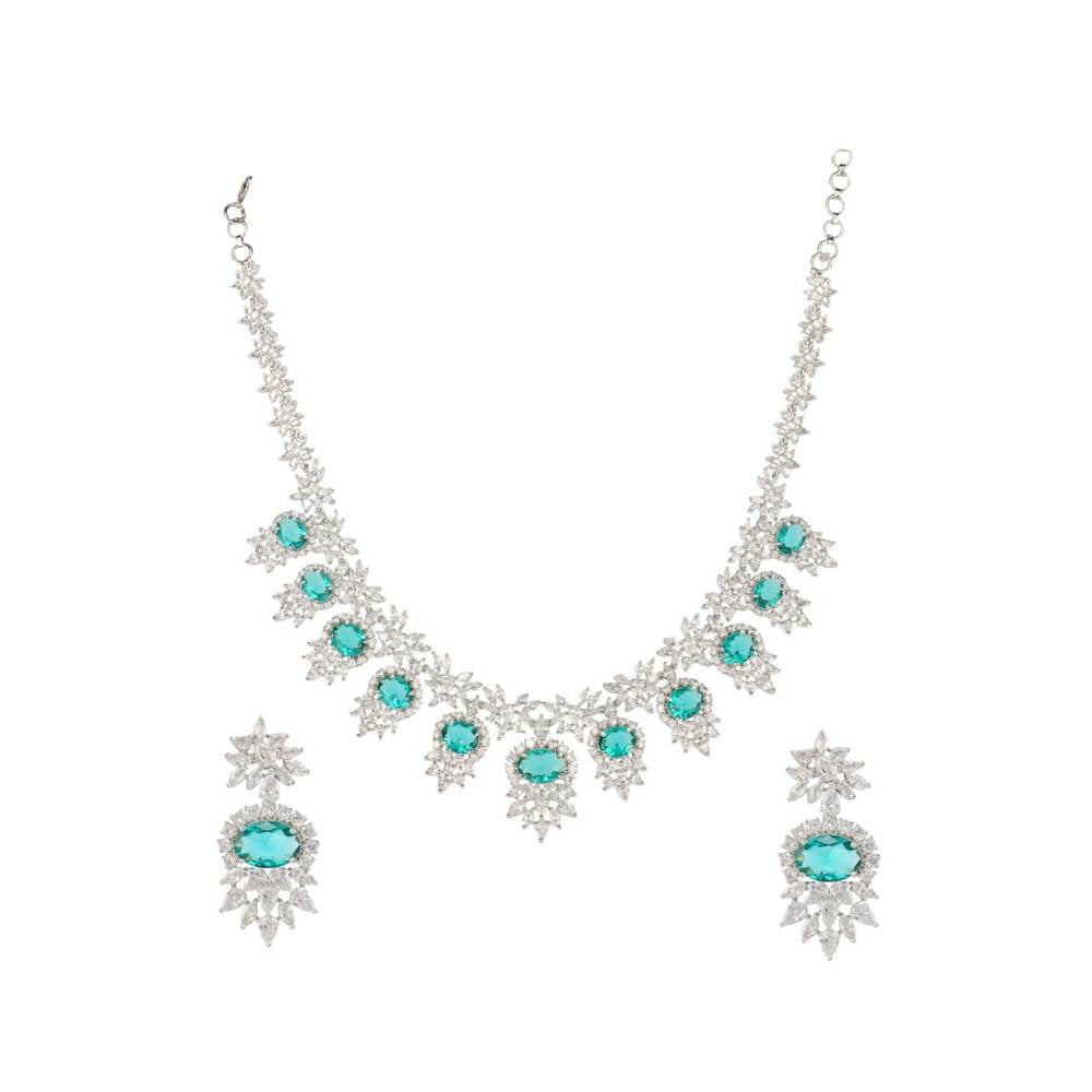 Auraa Trends Sea Green Rhodium Finish Statement Necklace with