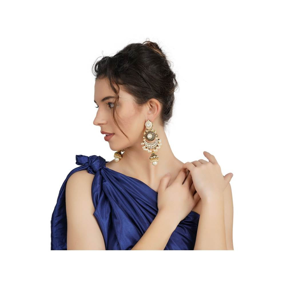 Auraa Trends Kundan Chandbali Jhumka with White Pearl