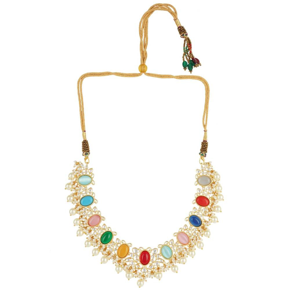 Auraa Trends 22Kt Gold Plated Navratna Kundan Necklace Set with Pearls