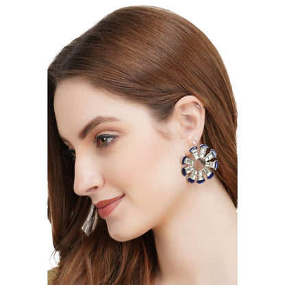 Auraa Trends Rhinestone Flower Shape White and Blue Stud Earrings