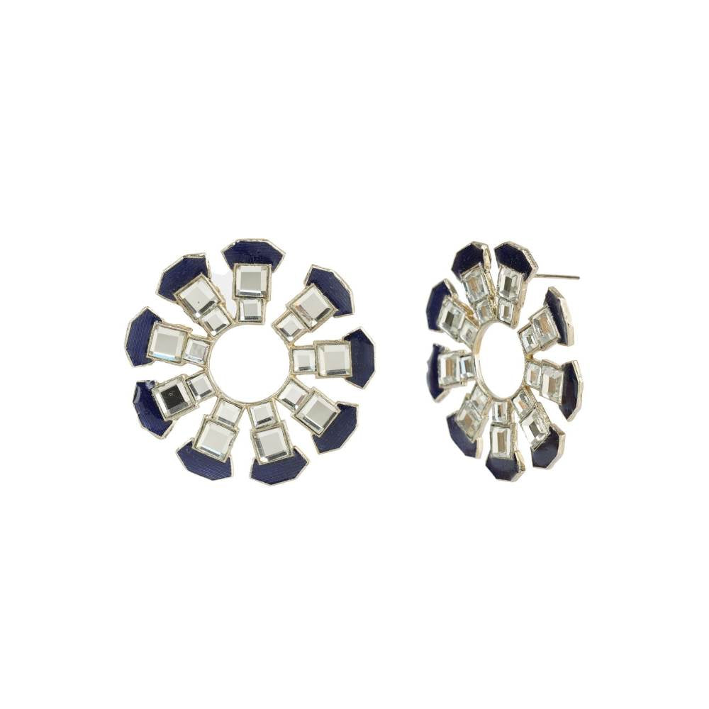 Auraa Trends Rhinestone Flower Shape White and Blue Stud Earrings