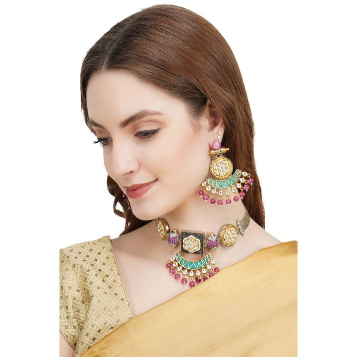 Auraa Trends Kundan and Zircon Dull Gold Finish Choker Necklace Set with Pink Drops