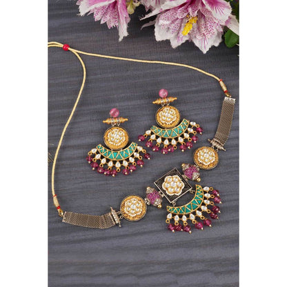 Auraa Trends Kundan and Zircon Dull Gold Finish Choker Necklace Set with Pink Drops