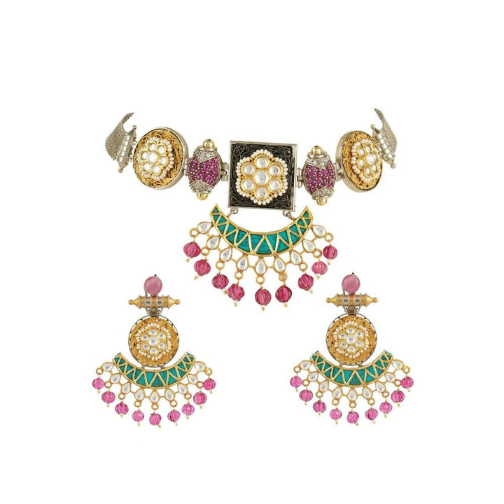 Auraa Trends Kundan and Zircon Dull Gold Finish Choker Necklace Set with Pink Drops