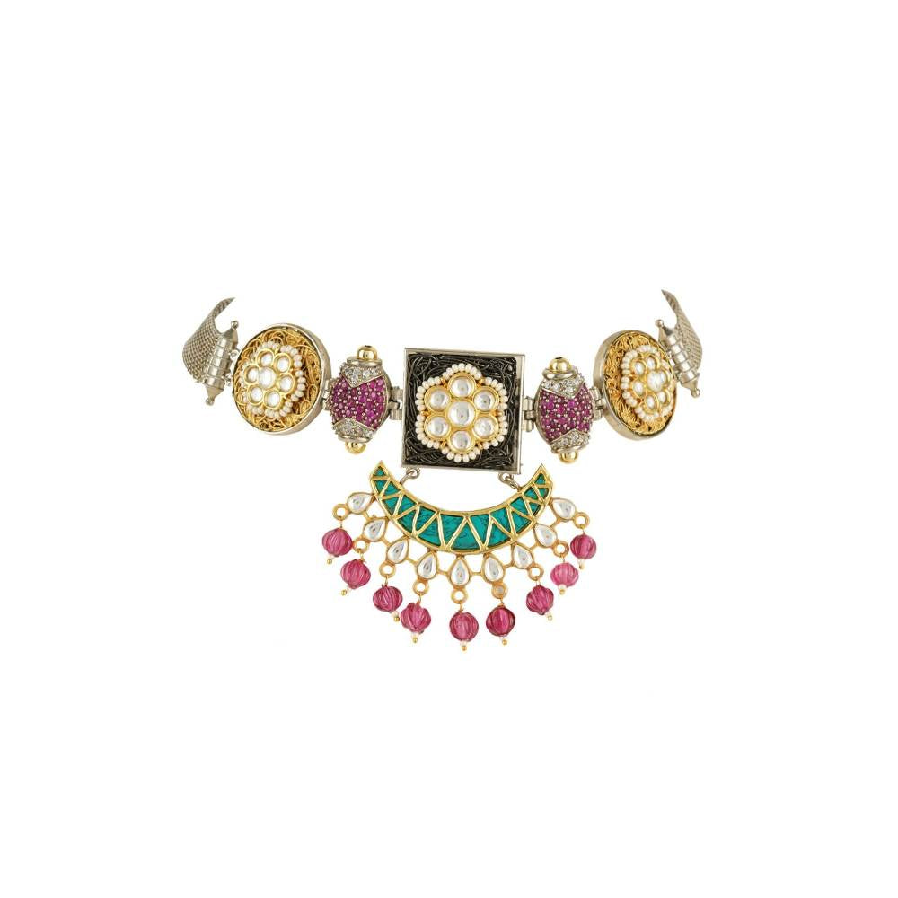 Auraa Trends Kundan and Zircon Dull Gold Finish Choker Necklace Set with Pink Drops