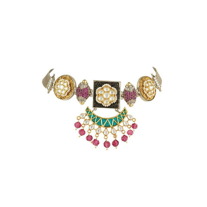 Auraa Trends Kundan and Zircon Dull Gold Finish Choker Necklace Set with Pink Drops