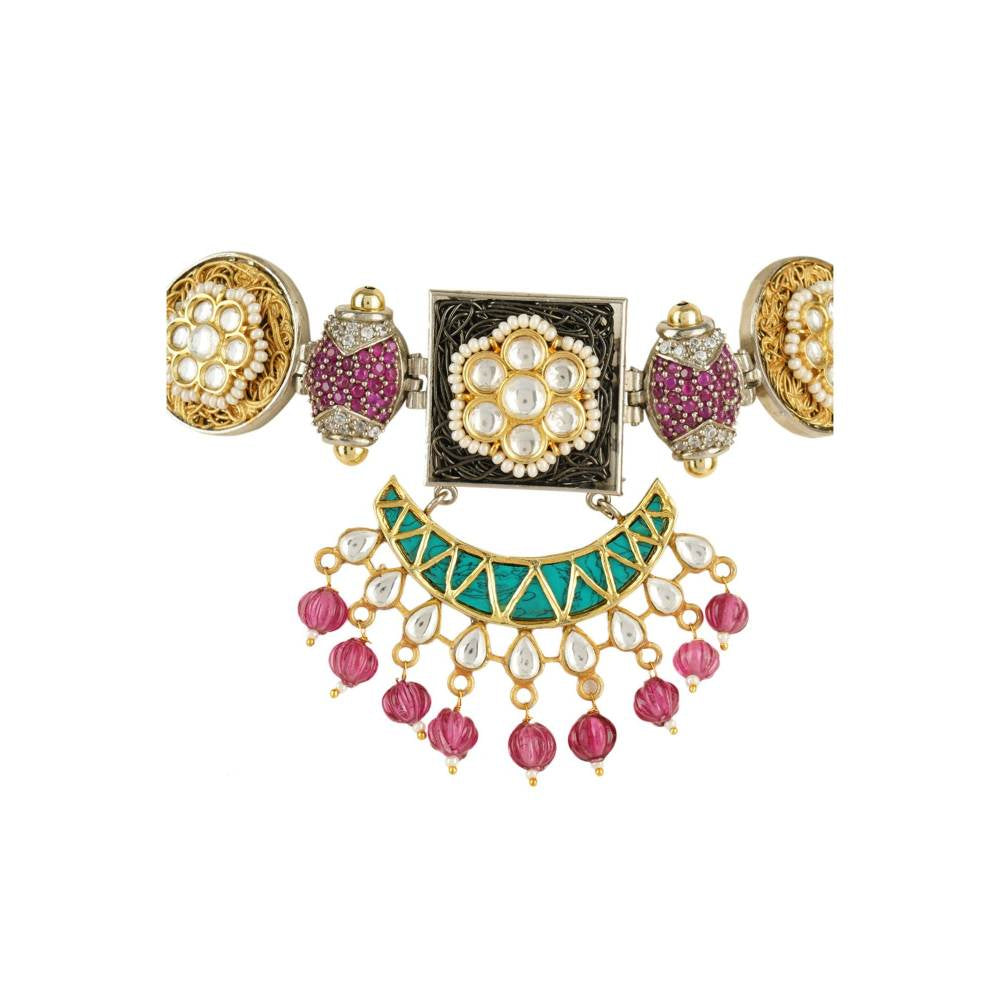 Auraa Trends Kundan and Zircon Dull Gold Finish Choker Necklace Set with Pink Drops