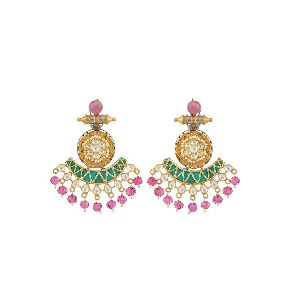 Auraa Trends Kundan and Zircon Dull Gold Finish Choker Necklace Set with Pink Drops