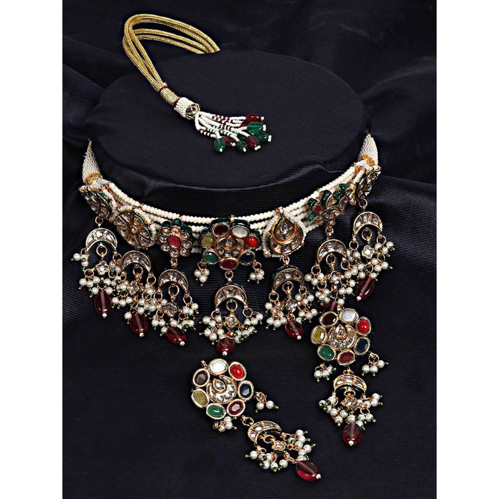 Auraa Trends 22KT Gold-Plated Kundan Studded Beaded Jewellery Set