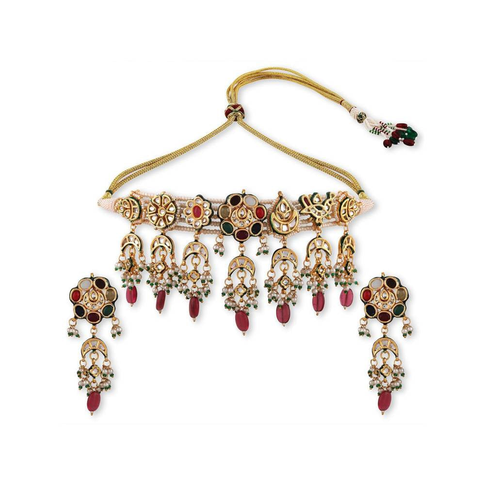 Auraa Trends 22KT Gold-Plated Kundan Studded Beaded Jewellery Set