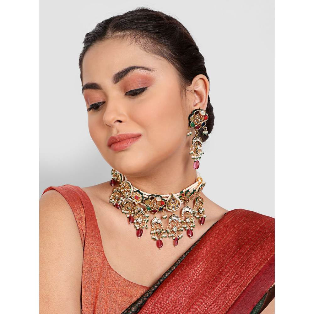 Auraa Trends 22KT Gold-Plated Kundan Studded Beaded Jewellery Set