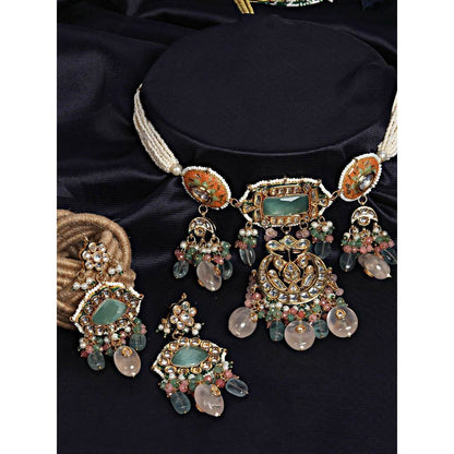 Auraa Trends Gold Plated Kundan-Studded Beaded Jewellery Set