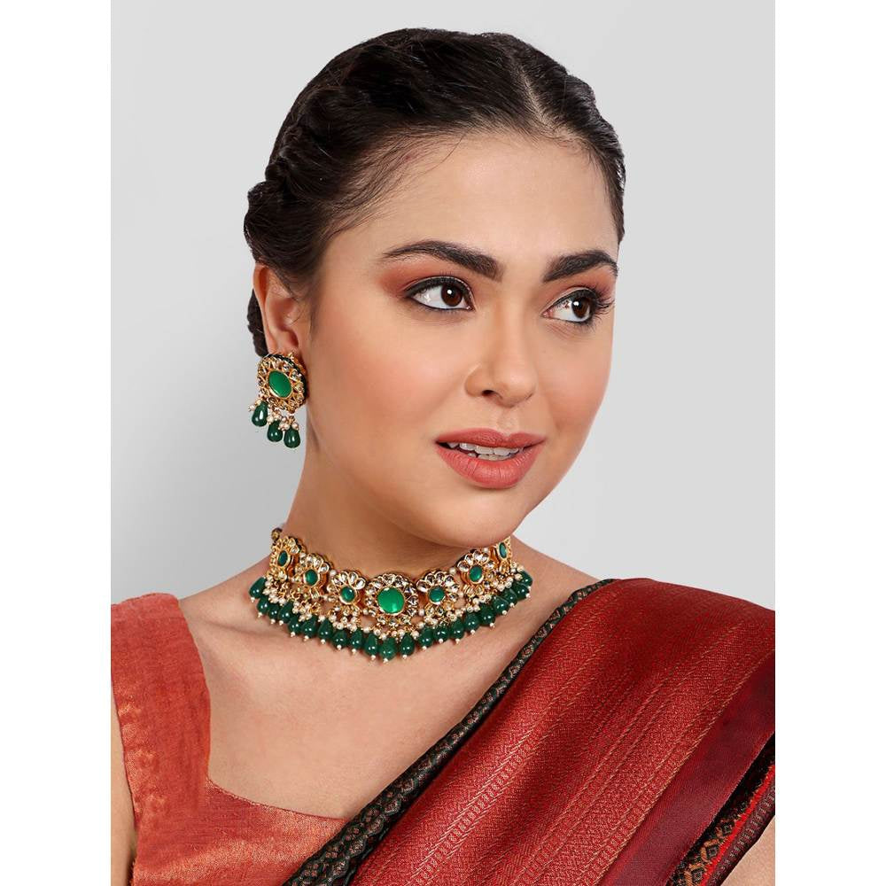Auraa Trends Gold-Plated Kundan Studded Beaded Jewellery Set