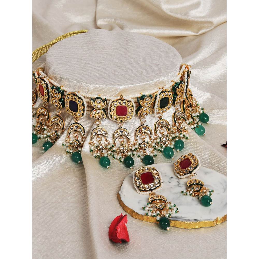 Auraa Trends Gold-Plated Kundan Studded Beaded Jewellery Set
